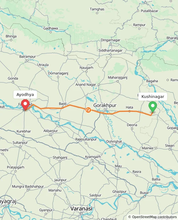 Route map showing distance and travel time from Kushinagar, India to Ayodhya, India