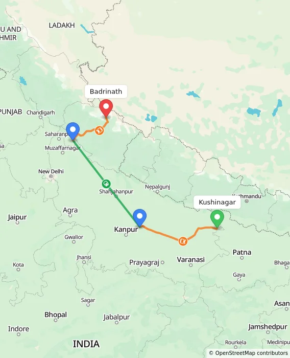 Route map showing distance and travel time from Kushinagar, India to Badrinath, India