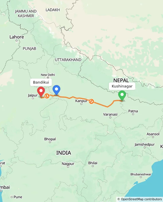 Route map showing distance and travel time from Kushinagar, India to Bandikui, India