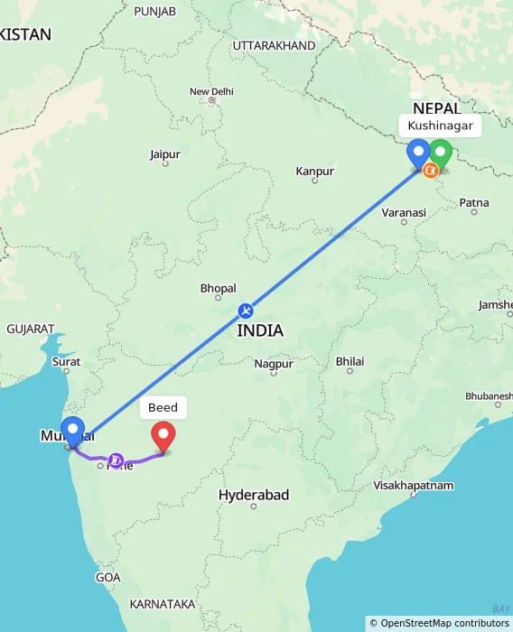 Route map showing distance and travel time from Kushinagar, India to Beed, India
