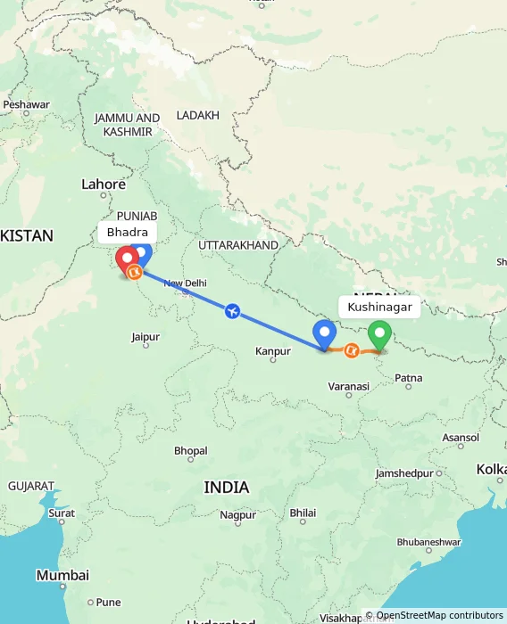 Route map showing distance and travel time from Kushinagar, India to Bhadra, India