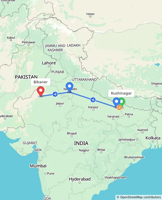 Route map showing distance and travel time from Kushinagar, India to Bikaner, India