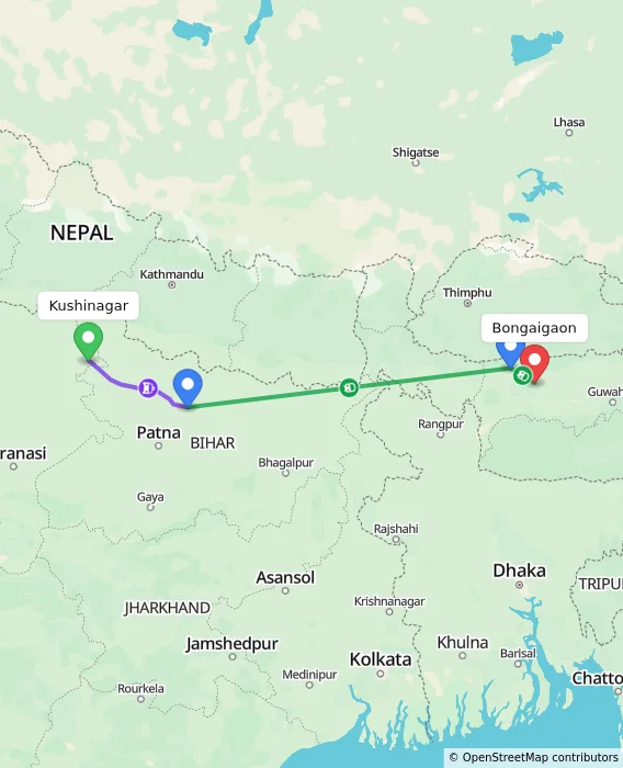 Route map showing distance and travel time from Kushinagar, India to Bongaigaon, India