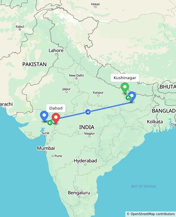 Route map showing distance and travel time from Kushinagar, India to Dahod, India