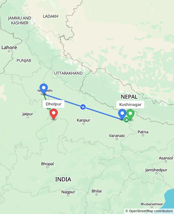 Route map showing distance and travel time from Kushinagar, India to Dholpur, India
