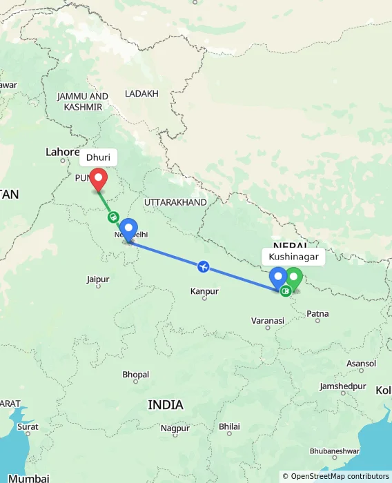 Route map showing distance and travel time from Kushinagar, India to Dhuri, India