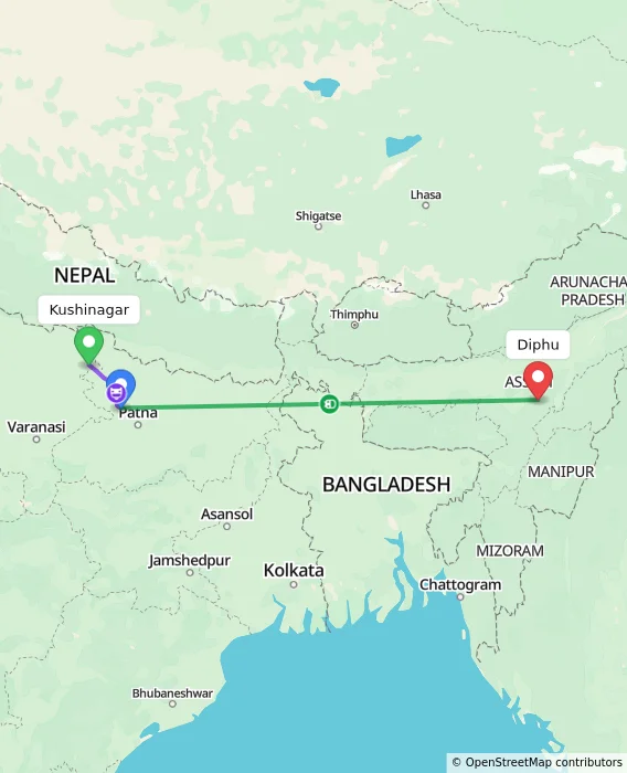 Route map showing distance and travel time from Kushinagar, India to Diphu, India