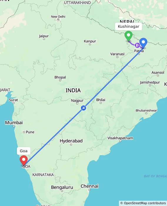 Route map showing distance and travel time from Kushinagar, India to Goa, India
