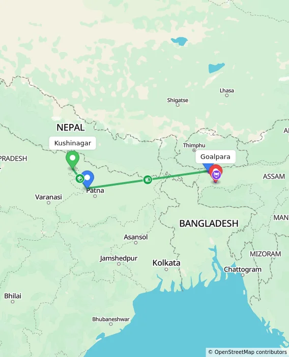 Route map showing distance and travel time from Kushinagar, India to Goalpara, India