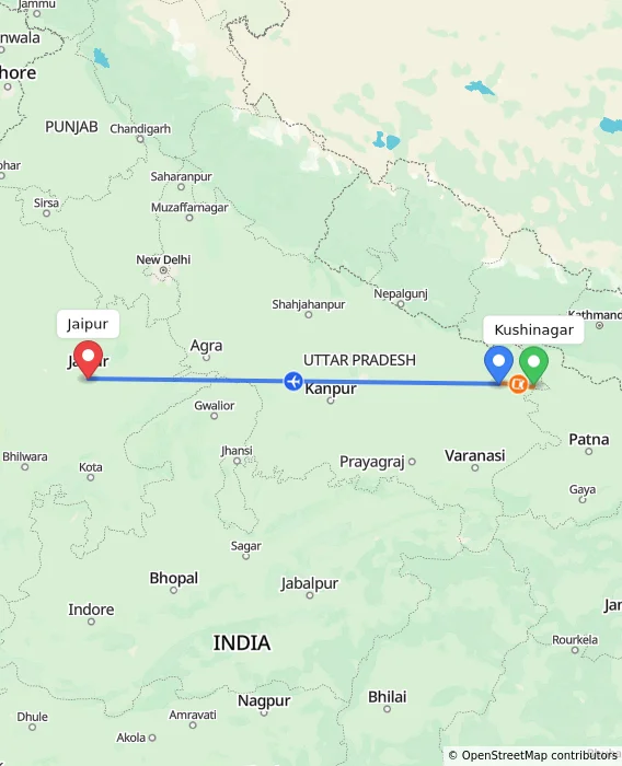 Route map showing distance and travel time from Kushinagar, India to Jaipur, India