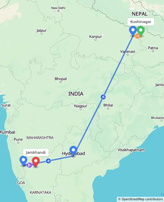 Route map showing distance and travel time from Kushinagar, India to Jamkhandi, India