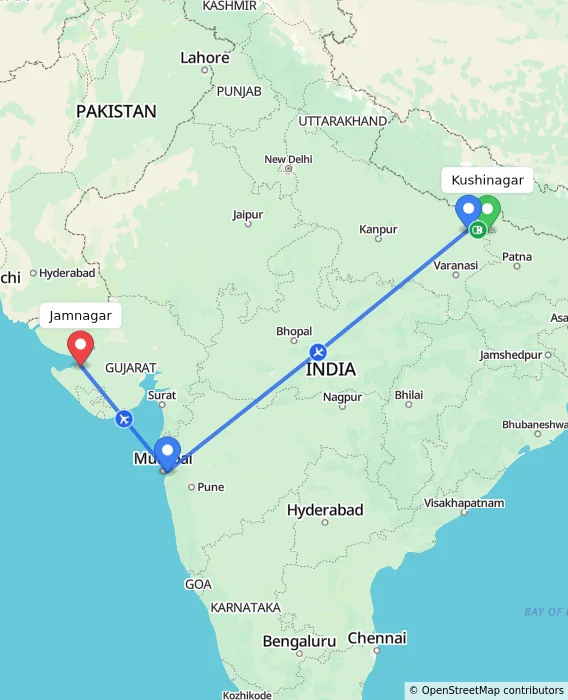 Route map showing distance and travel time from Kushinagar, India to Jamnagar, India