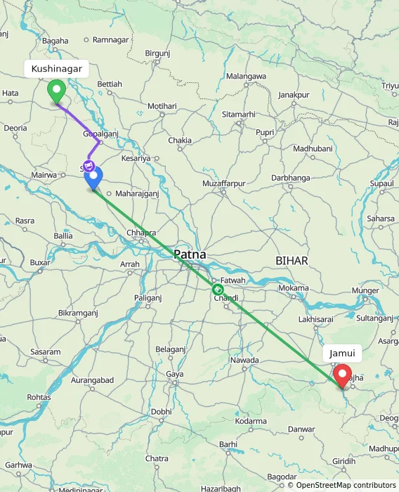 Route map showing distance and travel time from Kushinagar, India to Jamui, India
