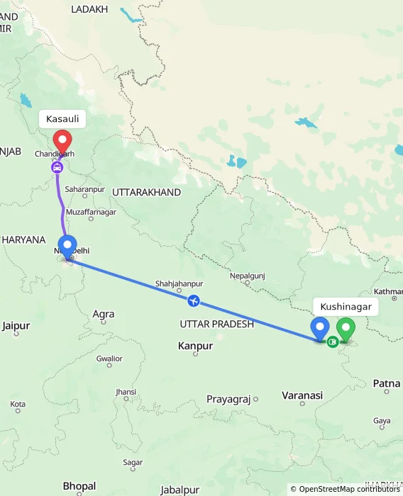 Route map showing distance and travel time from Kushinagar, India to Kasauli, India