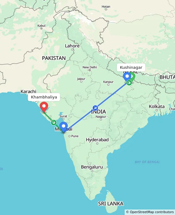 Route map showing distance and travel time from Kushinagar, India to Khambhaliya, India