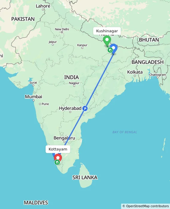 Route map showing distance and travel time from Kushinagar, India to Kottayam, India