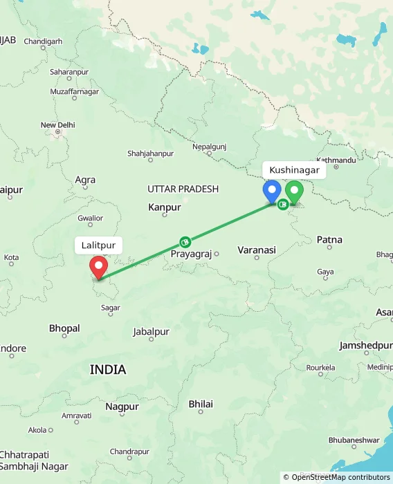 Route map showing distance and travel time from Kushinagar, India to Lalitpur, India