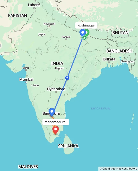 Route map showing distance and travel time from Kushinagar, India to Manamadurai, India