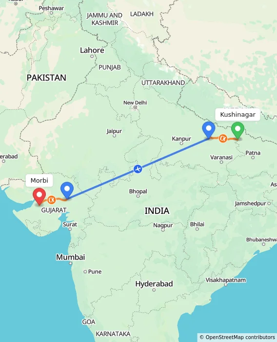 Route map showing distance and travel time from Kushinagar, India to Morbi, India