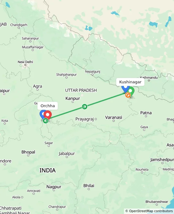 Route map showing distance and travel time from Kushinagar, India to Orchha, India