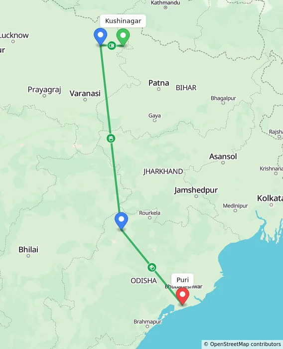 Route map showing distance and travel time from Kushinagar, India to Puri, India