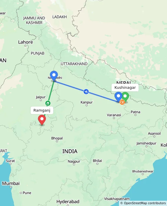 Route map showing distance and travel time from Kushinagar, India to Ramganj, India