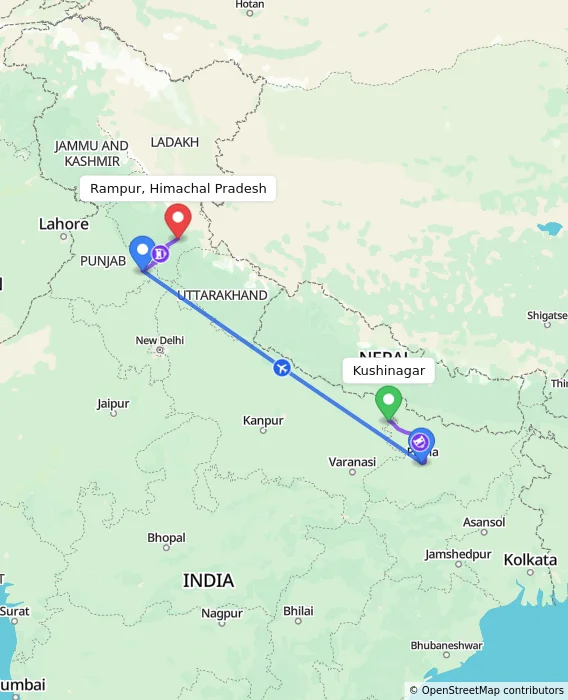 Route map showing distance and travel time from Kushinagar, India to Rampur, Himachal Pradesh, India