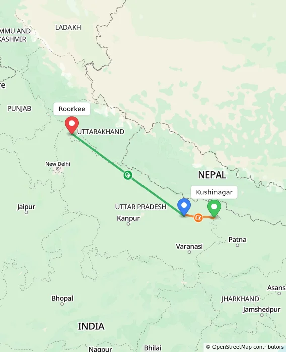 Route map showing distance and travel time from Kushinagar, India to Roorkee, India