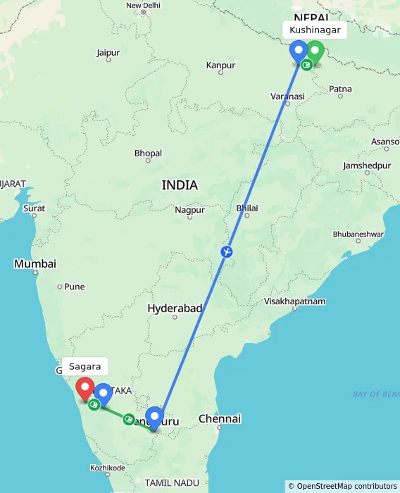 Route map showing distance and travel time from Kushinagar, India to Sagara, India