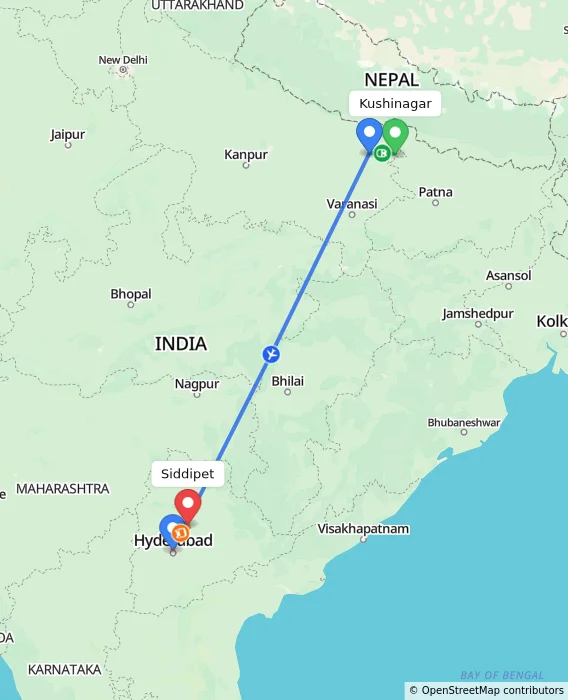 Route map showing distance and travel time from Kushinagar, India to Siddipet, India
