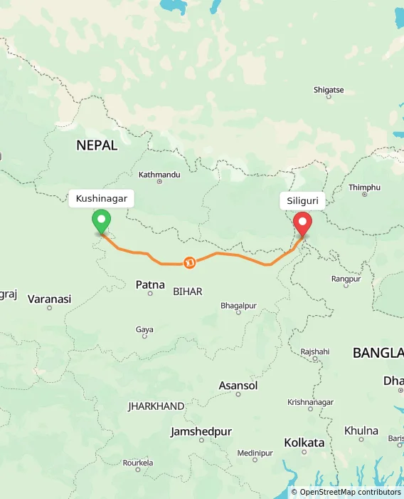 Route map showing distance and travel time from Kushinagar, India to Siliguri, India