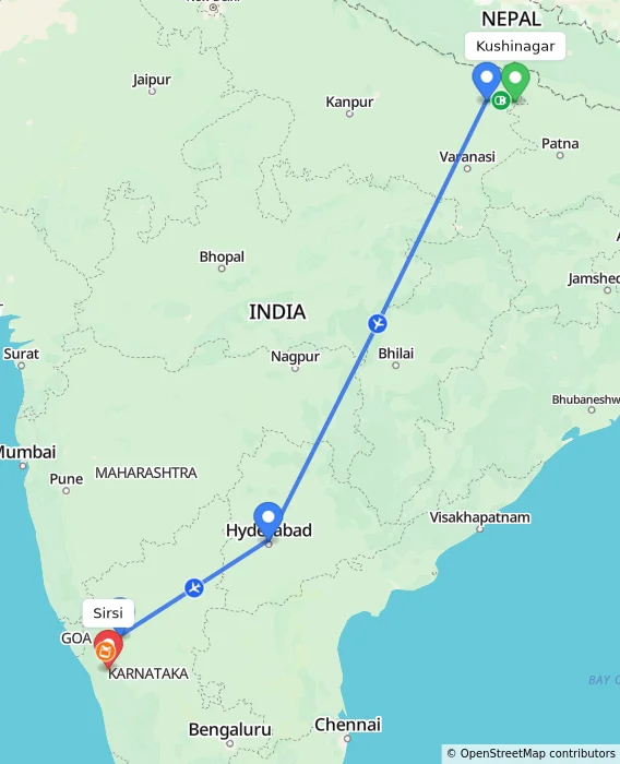 Route map showing distance and travel time from Kushinagar, India to Sirsi, India
