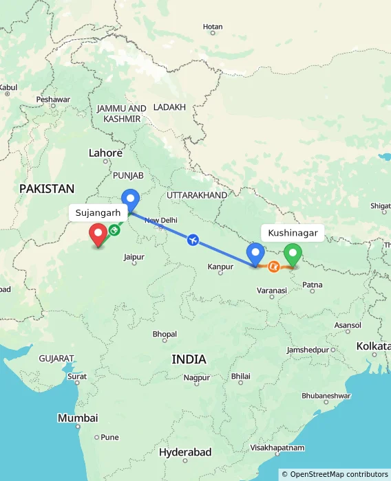 Route map showing distance and travel time from Kushinagar, India to Sujangarh, India