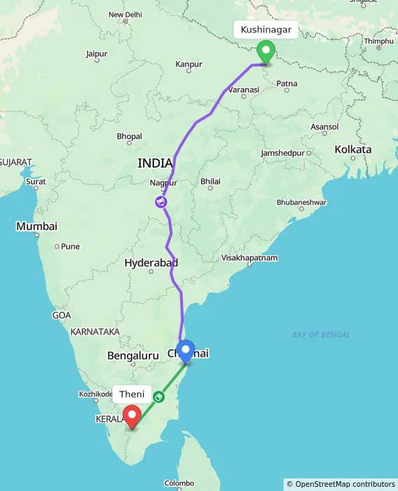 Route map showing distance and travel time from Kushinagar, India to Theni, India