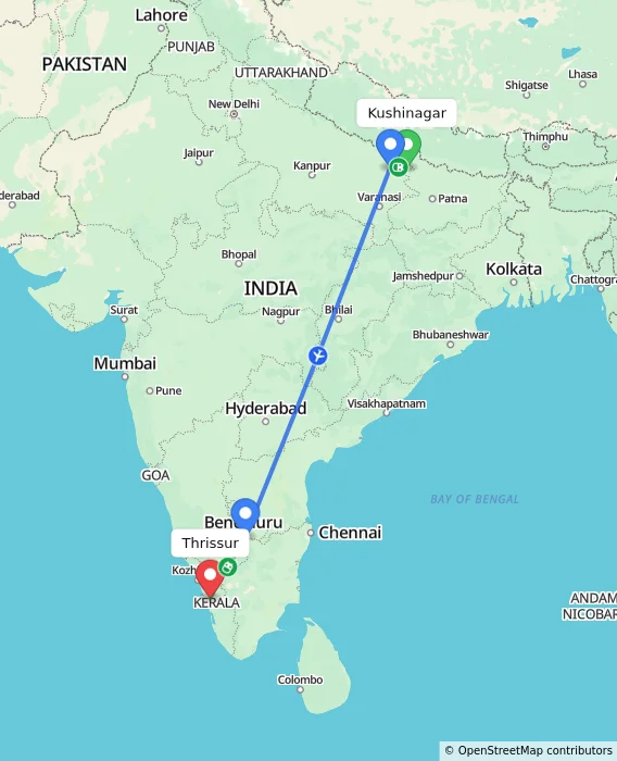 Route map showing distance and travel time from Kushinagar, India to Thrissur, India