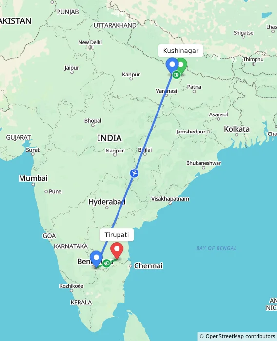 Route map showing distance and travel time from Kushinagar, India to Tirupati, India