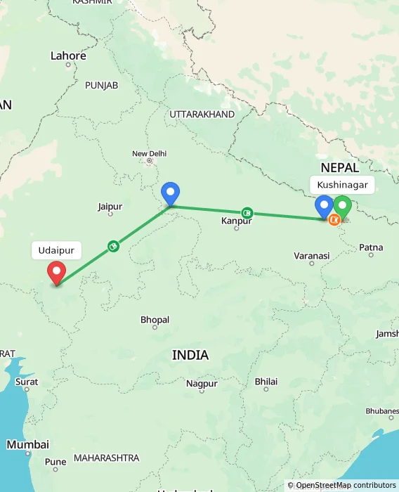 Route map showing distance and travel time from Kushinagar, India to Udaipur, India
