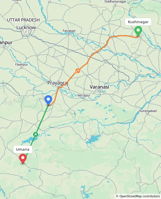 Route map showing distance and travel time from Kushinagar, India to Umaria, India