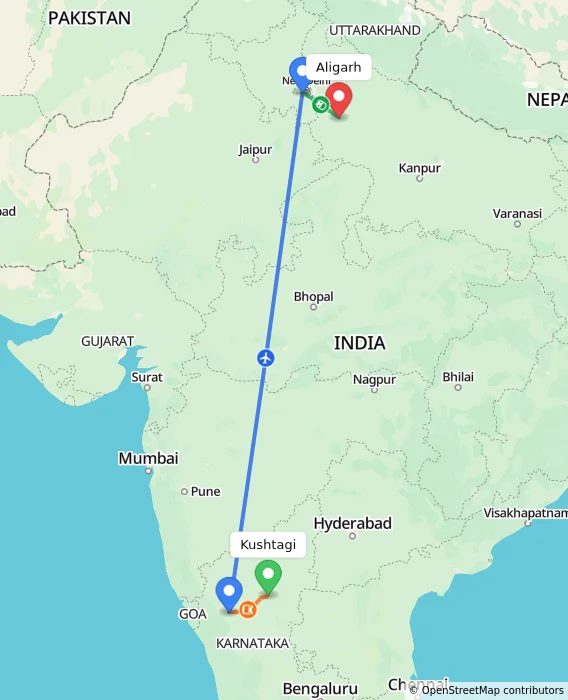 Route map showing distance and travel time from Kushtagi, India to Aligarh, India