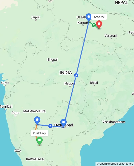 Route map showing distance and travel time from Kushtagi, India to Amethi, India