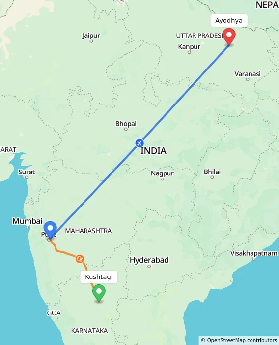 Route map showing distance and travel time from Kushtagi, India to Ayodhya, India
