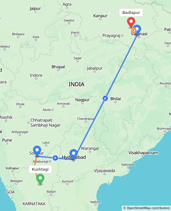 Route map showing distance and travel time from Kushtagi, India to Badlapur, India
