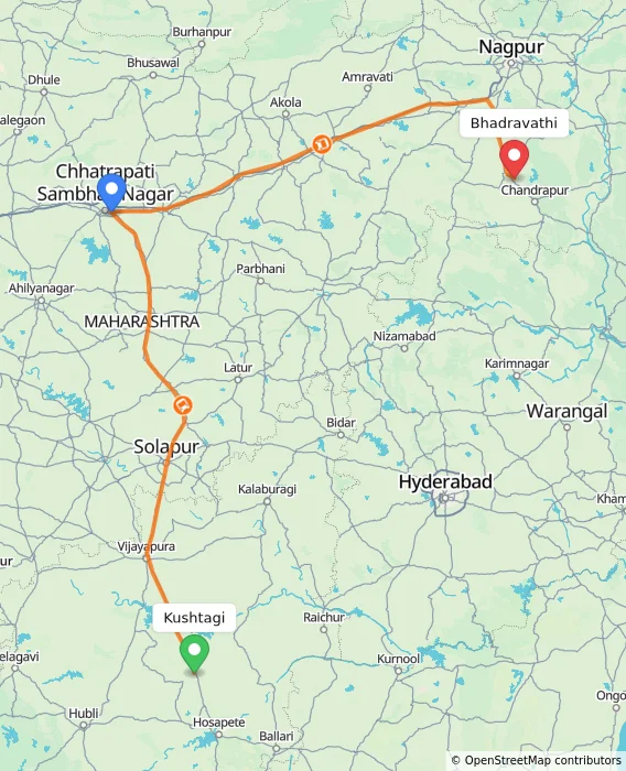 Route map showing distance and travel time from Kushtagi, India to Bhadravathi, India
