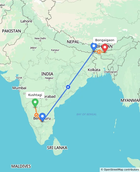 Route map showing distance and travel time from Kushtagi, India to Bongaigaon, India