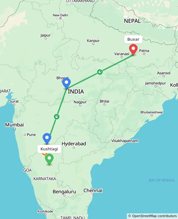 Route map showing distance and travel time from Kushtagi, India to Buxar, India