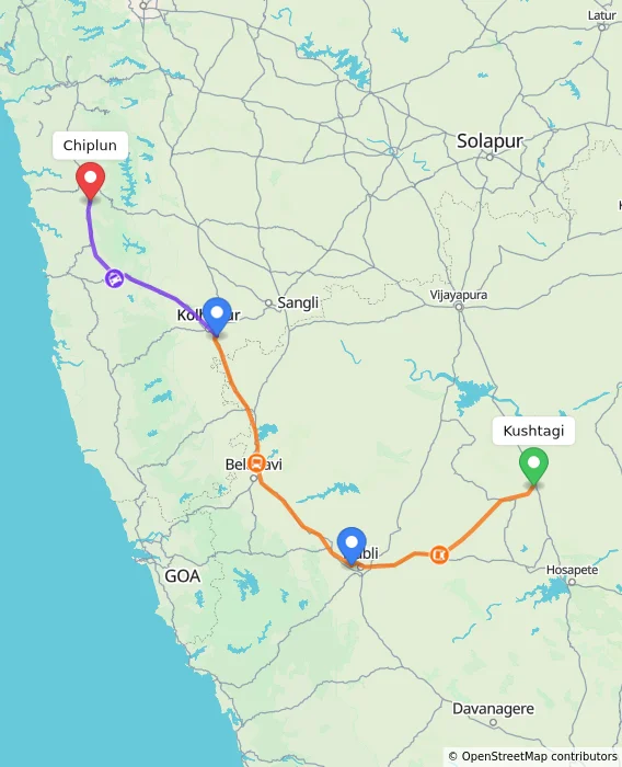 Route map showing distance and travel time from Kushtagi, India to Chiplun, India