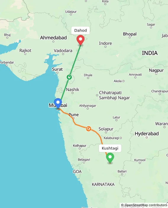 Route map showing distance and travel time from Kushtagi, India to Dahod, India