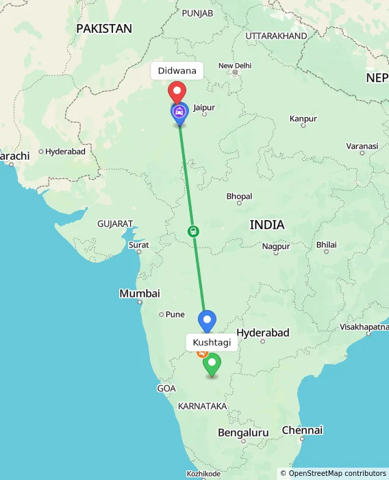 Route map showing distance and travel time from Kushtagi, India to Didwana, India