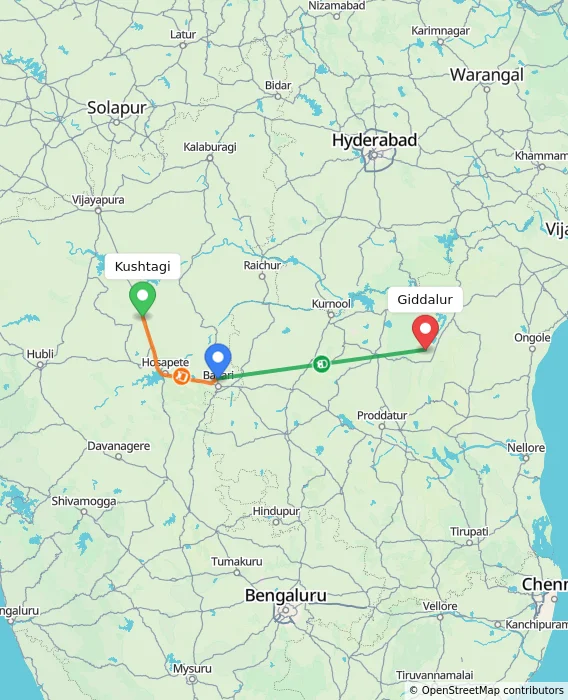 Route map showing distance and travel time from Kushtagi, India to Giddalur, India