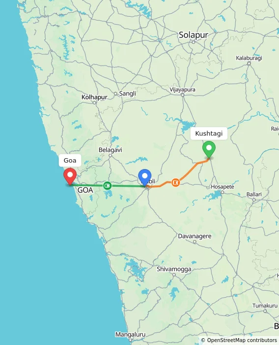 Route map showing distance and travel time from Kushtagi, India to Goa, India